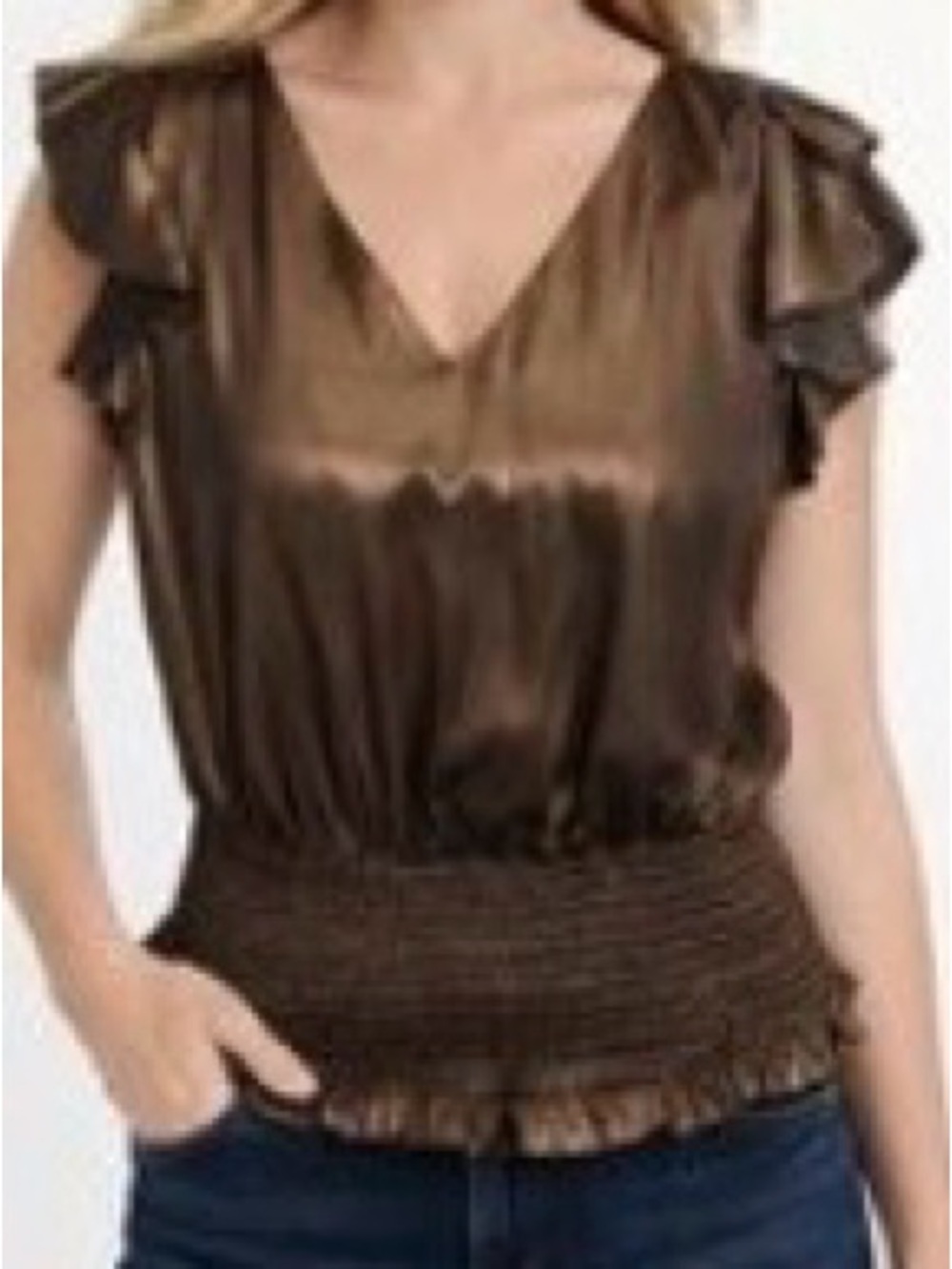 NWT Nine West V-Neck Glossy Metallic Flutter Sleeve Smock Waist Size L